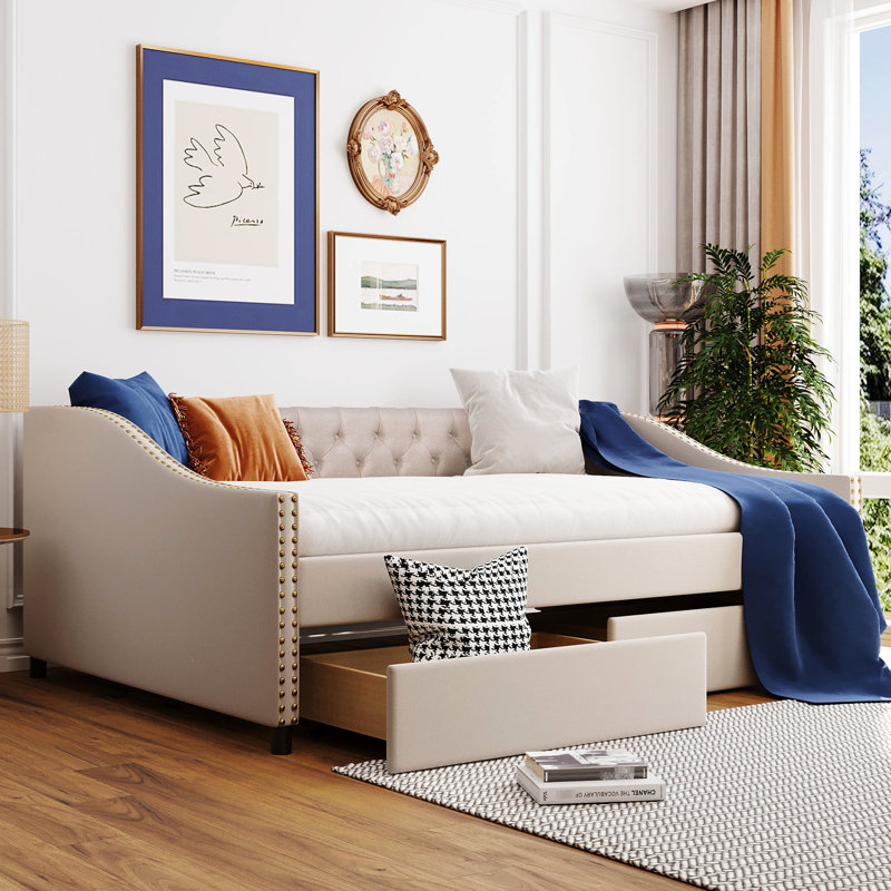 Full Size Upholstered Daybed With Two Versatile Drawers & Robust Wood Slat Support - Customize Your Home's Style In Beige Convenient Storage Base Create A Relaxing Atmosphere