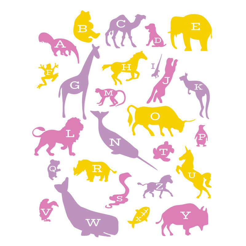 Décalcomanie murale alphabet animaux, Jaune / Rose, H 45 po x l 35 po x P 0,01 po