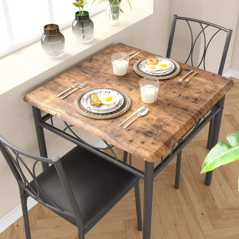 Rustic Brown Square Dining Table with 2 Upholstered Chairs