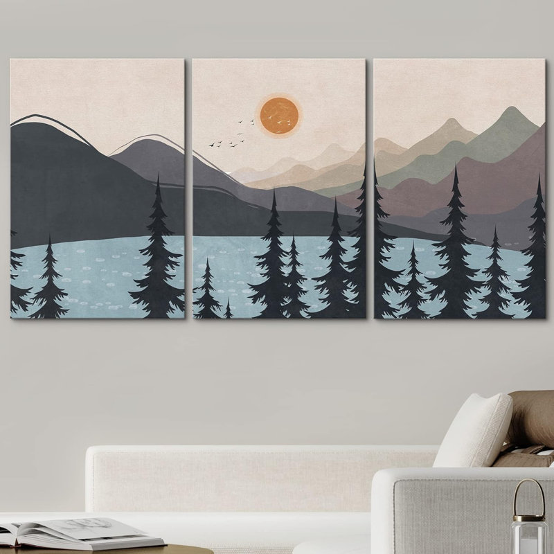 «Pine Tree Mountain Forest Lake on Canvas», reproduction de 3 pièces, H 24 po x l 48 po x P 1,5 po, Toile tendue