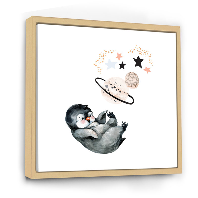 Mignon petit pingouin - peinture, H 36 po x l 36 po x P 1,5 po, Cadre flottant brun