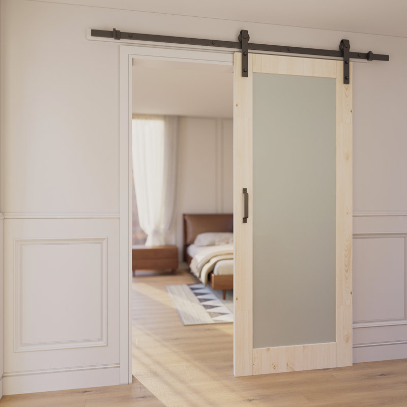 80"Frosted Glass Solid Pine Wood Sliding Barn Door with Installation Hardware Kit(No Assembly Required), 32'' x 80''
