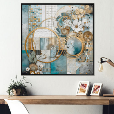 Motif floral doré bleu mosaïque II - décoration murale florale
