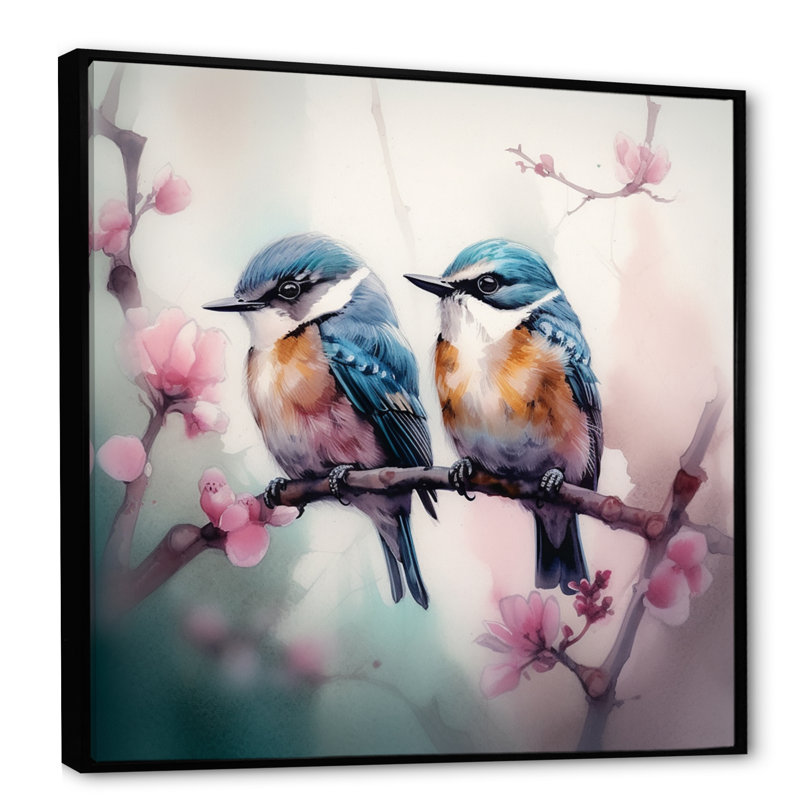 Oiseaux bleus sur une branche II, H 36 po x l 36 po x P 1,5 po, Toile avec cadre flottant noir