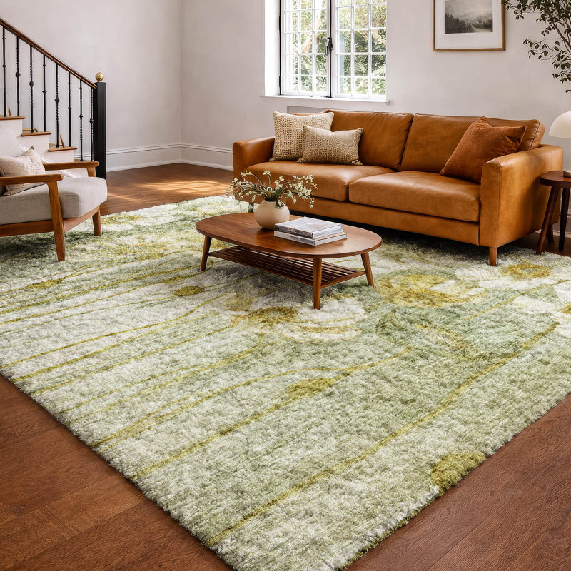 Tapis floral à poils longs de qualité supérieure lavable à la machine ADS712, Sauge, 5 pi x 7 pi 6 po