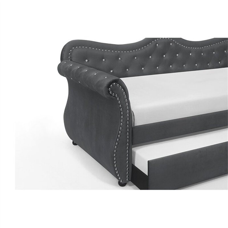 Upholstered Velvet Wood Daybed With Trundle, Gray