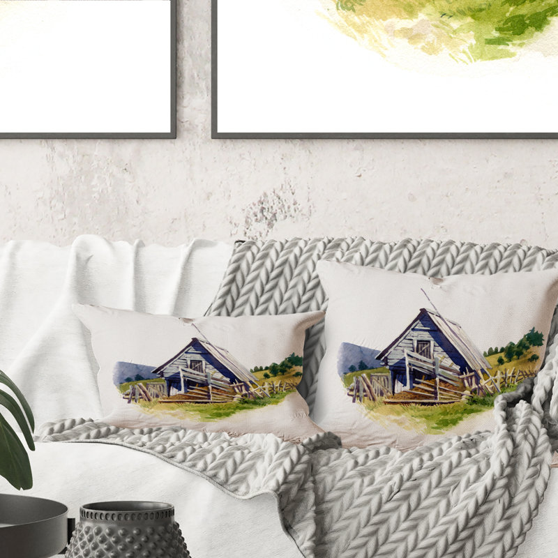 Vieille grange grise dans la campagne - coussin décoratif imprimé rétro, 16 po x 16 po