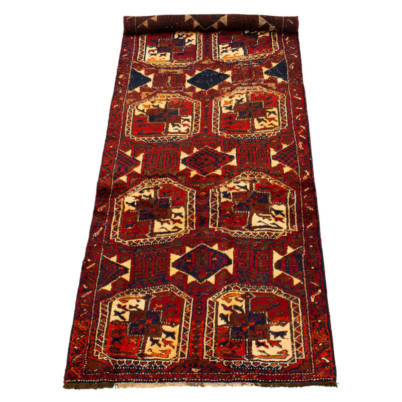 Tapis de couloir en laine noué à la main des années 1980 de conception unique 3 pi 10 po X 11 pi 9 po Tapis décoratif rouge