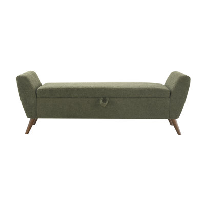 Sage Green Mid-Century Padded Storage Bench, 60 Inch 2-Seat with Interior Storage and Solid Wood Legs