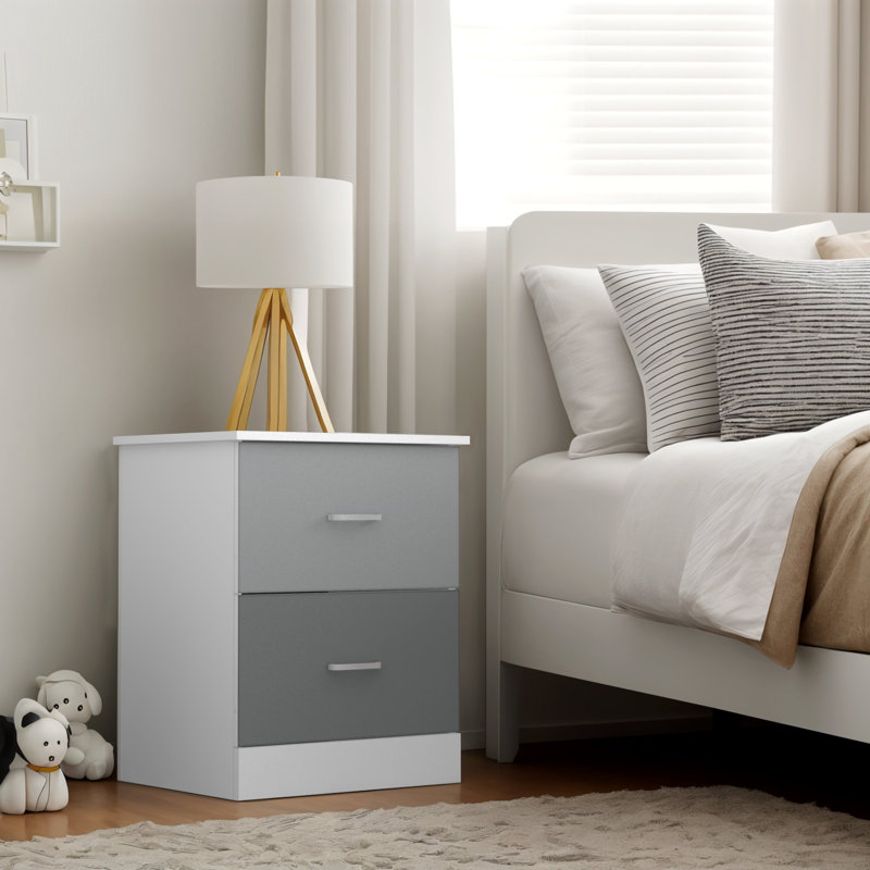 Table de chevet 2 tiroirs 23,6 po Allyannah, Blanc / gris pierre / gris froid, Individuel