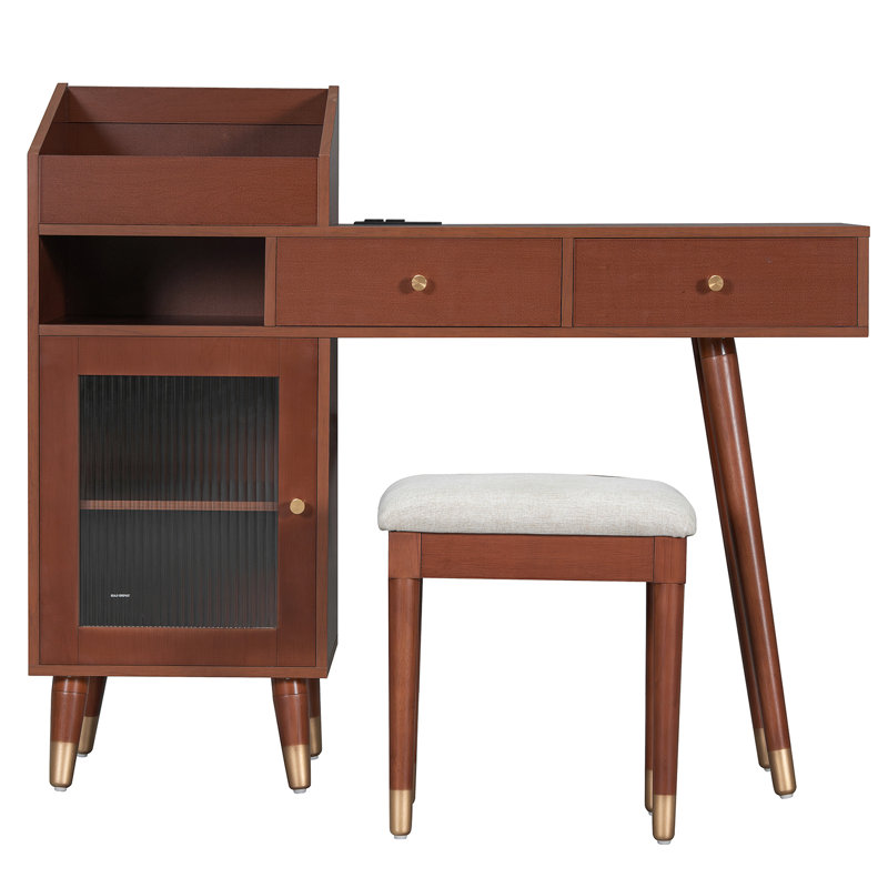Modern Dressing Table Set With Stool, Drawers And Charging Port, Walnut
