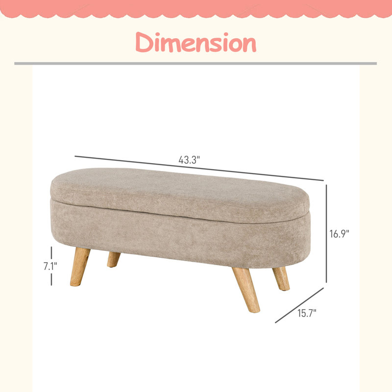 Storage Ottoman Bench, 43.3" Upholstered End Of Bed Bench With Wood Legs, Modern Entryway Bench