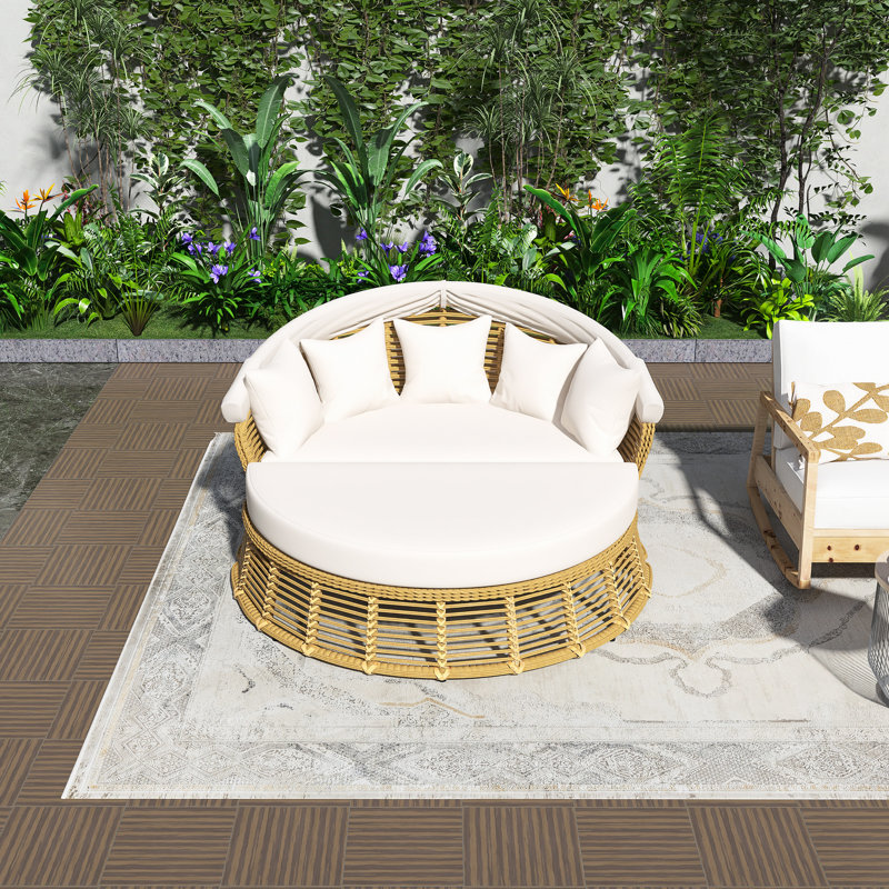 Outdoor Patio Rattan Round Daybed, With Retractable Canopy,Multiple Uses,Adjustable Feet,Removable Cushions,5 Pillows,Washable,Easy To Install