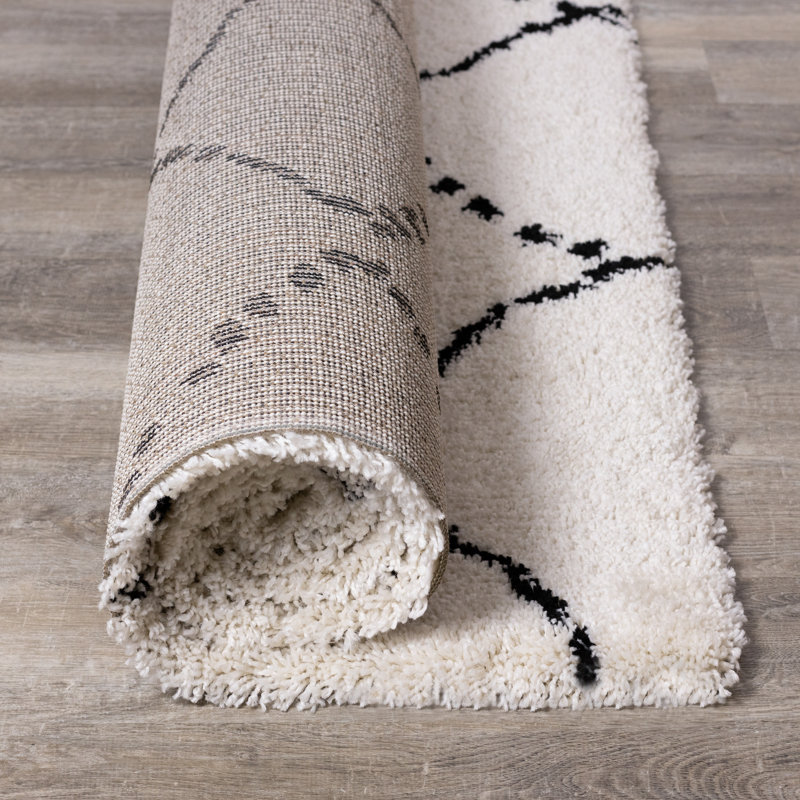 Tapis d'intérieur doux ivoire / noir à motif géométrique Lydon, Rond 6 pi 7 po x 6 pi 7 po
