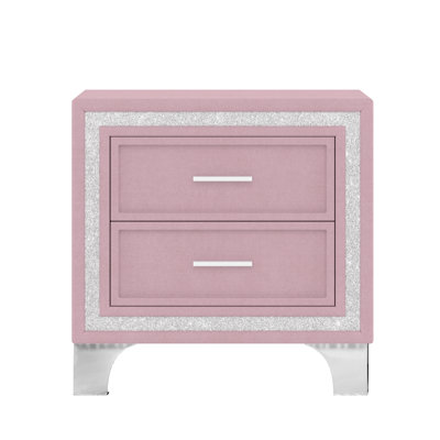 Mid Century Vintage Nightstand with Silver Glitter Strip Decor and Metal Legs, Velvet Bedside Table with 2 Drawers, Fully Assembled Except Legs and Handles