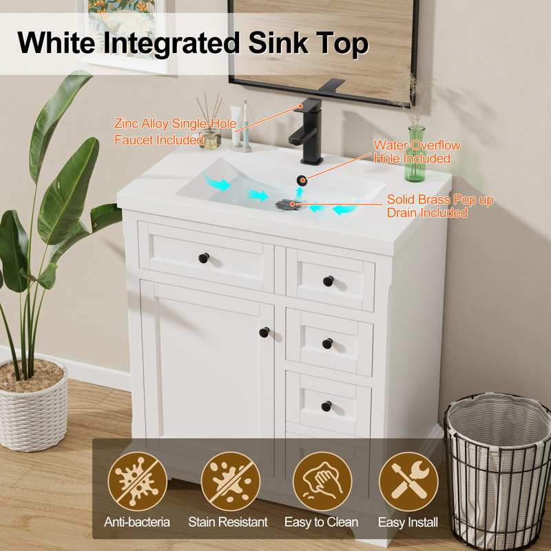  Ensemble de meuble-lavabo simple 30 po avec comptoir, robinet, peinture à la main écologique, assemblage requis, Blanc