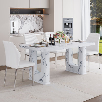 64.5" Modern Faux Marble Dining Table Set With Glass Decor