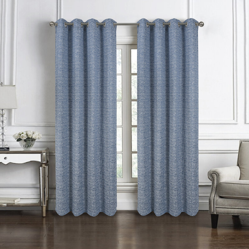 Paire de rideaux en jacquard tissé Aryella, Bleu foncé, 54 po x 90 po, 1