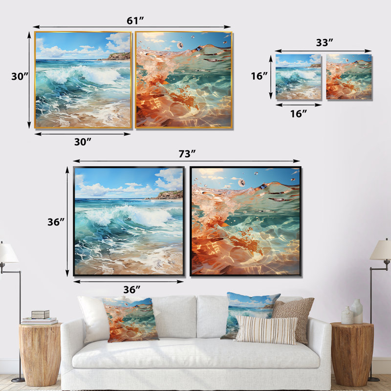 Obryan - Ensemble de 2 collages nautiques et carrés de plage, Cadre flottant noir, H 16 po x l 33 po