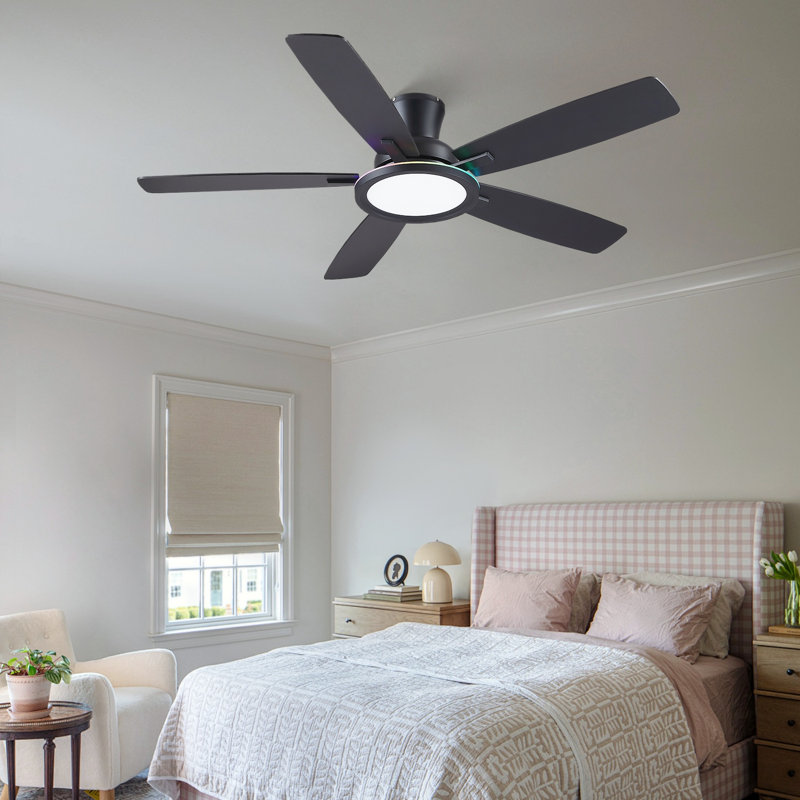 52" Flush Mount Ceiling Fan With Lights And Remote Control, Reversible And 5 Dual-sided Blades, Black-RGB