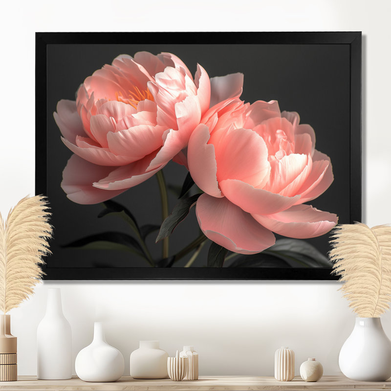 Romantiques roses en cristal pivoines I, art mural pivoines, H 24 po x l 32 po, Cadre noir
