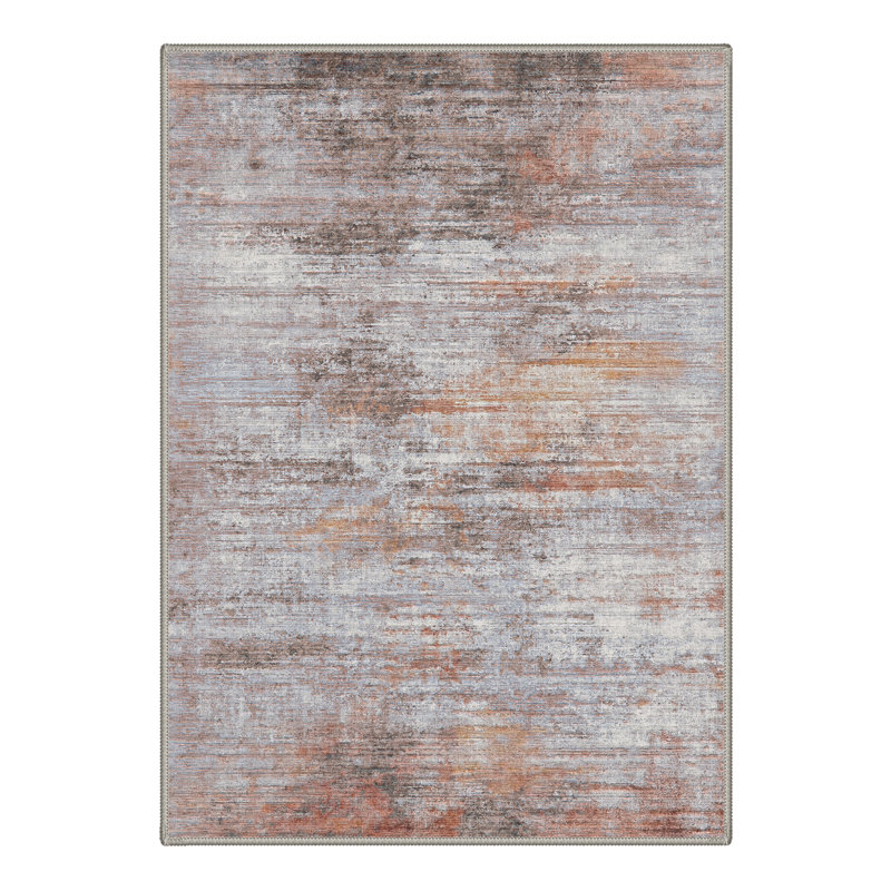 Arteo Abstract Machine Washable Brown / White / Orange Indoor Area Rug with Non-Slip Backing, Rectangle 8' x 10'