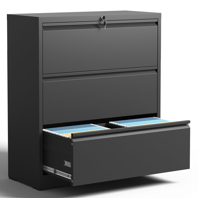 Black Steel 3-Drawer Lockable Lateral Filing Cabinet