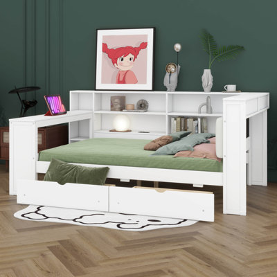 Lit plateforme double en bois avec tête de lit tapissier à DEL, tablettes de rangement, 2 tiroirs, chargement USB, couleurs ajustables et bureau intégré