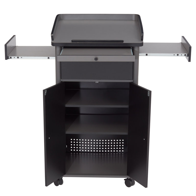 45.5'' Charcoal Steel Lectern with Wheels and Shelves