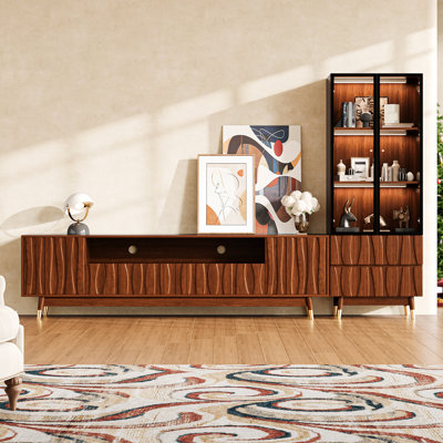 102.3'' Walnut Finish Entertainment Center for 55/65/75 Inch TV, Mid-century Modern Wood Media Console Includes TV Stand with Storage and 3-tier Display Cabinet with 2 Drawers for Living Room and Bedroom, Brown
