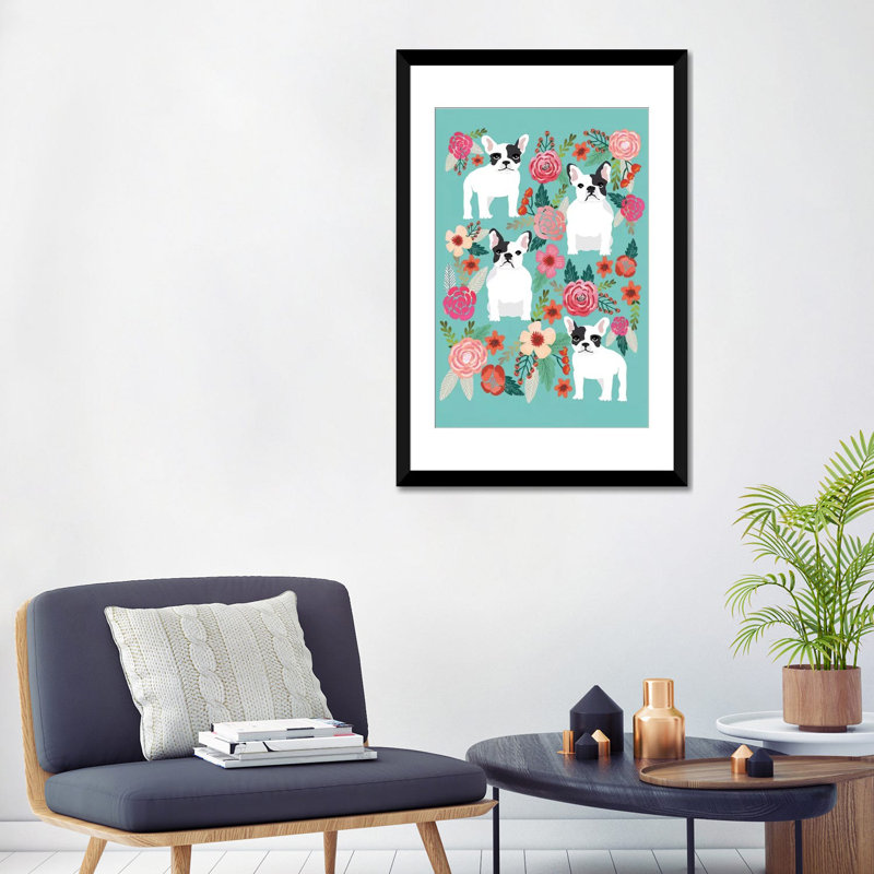 Collage floral français bouledogue, impression sur toile tendue, H 24 po x l 16 po x P 1 po, Papier d'art encadré noir, Blanc
