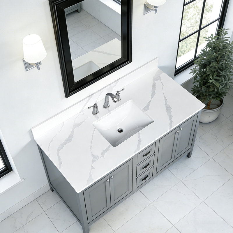 Comptoir de salle de bain en quartz de 49 po de largeur, 22 po de profondeur, lavabo simple encastré au milieu, dosseret de 4 po, 3 trous de robinet pré-percés, surface, facile à nettoyer et à installer, idéal pour différents styles