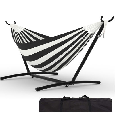 Hamac double avec support en acier peu encombrant, hamac robuste pour 2 personnes avec sac de transport, assemblage facile, capacité de 350 lb pour le camping sur la terrasse intérieure ou extérieure, rayures gris foncé et blanches