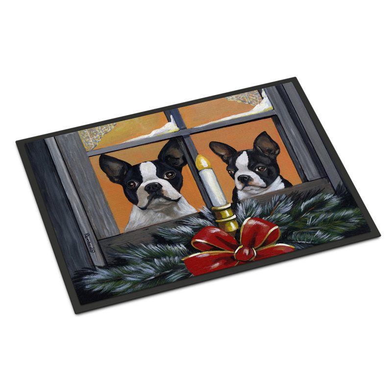 Guerriero Non-Slip Outdoor Door Mat, Boston Terrier Looking For Santa Christmas, 18 W" x 27 L"