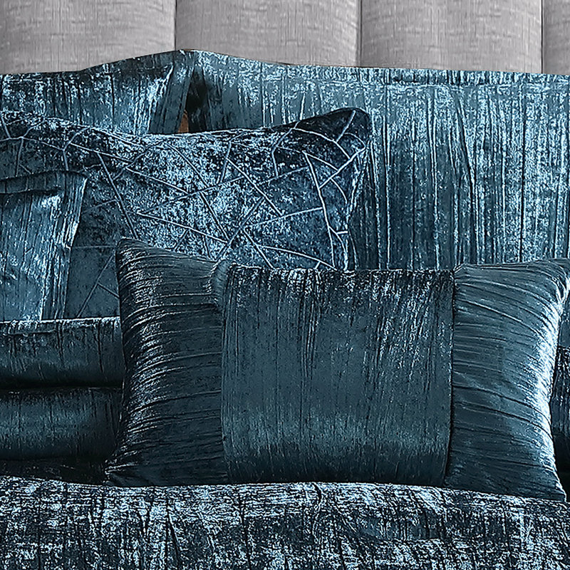 Royal Blue Crinkle Velvet King Comforter Set with Decorative Pillows
