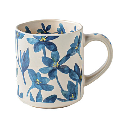 Tasse à café 16 oz en céramique rétro, tasse à thé peinte à la main sans plomb avec poignée confortable, lavable au micro-ondes et au lave-vaisselle (motif floral bleu foncé)