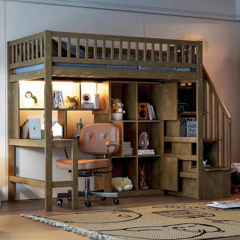 Lit mezzanine simple en bois avec bureau intégré, DEL, tablettes de rangement, armoires et escalier, noyer, Noyers