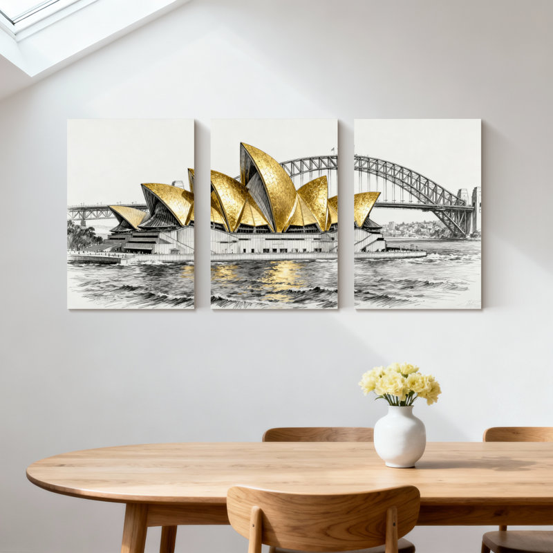 Ensemble de 3 impressions d'art sur toile, "Golden Sails Bridge", H 18 po x l 36 po