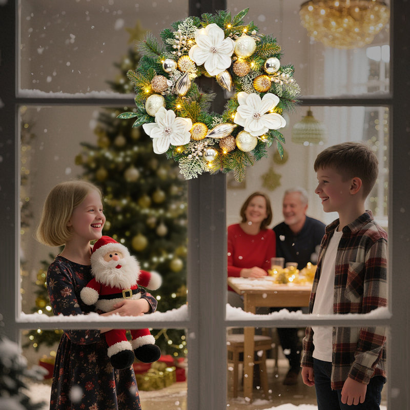 Couronne de Noël pré-éclairée 24 "avec fleurs blanches, boules décoratives