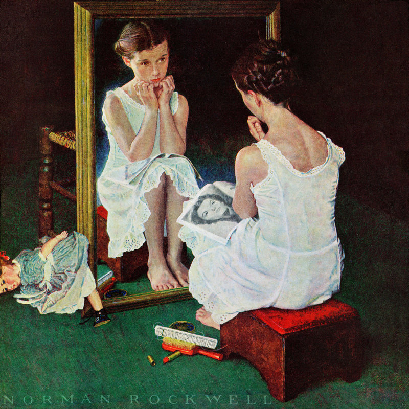 Girl at the Mirror by Norman Rockwell - 1 Piece Wrapped Canvas Wall Art, 46 cm H x 46 cm W