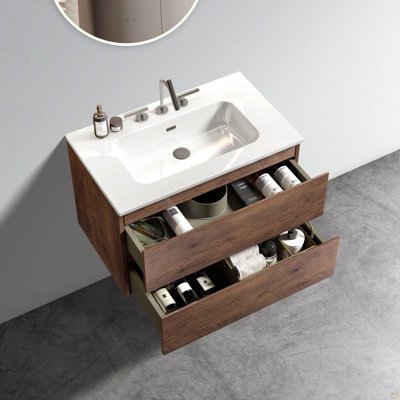 Meuble-lavabo mural en noyer de 30 po avec lavabo en céramique avec trois trous de robinet, grand meuble-lavabo flottant de rangement pour salle de bain moderne, lavabo une pièce sans drain, pré-assemblé
