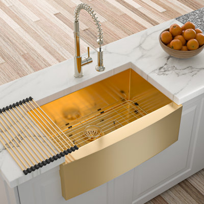Évier en acier inoxydable de 30 po en or, technique Nano, drain facile, environnement de cuisson silencieux, évier de cuisine doré, 16 G, coin R10, entretien, grille de vaisselle incluse