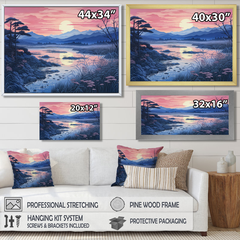 Rose, vue sur le lac japonais - rivière, art mural, salon, Cadre flottant brun, bois massif, H 34 po x l 44 po