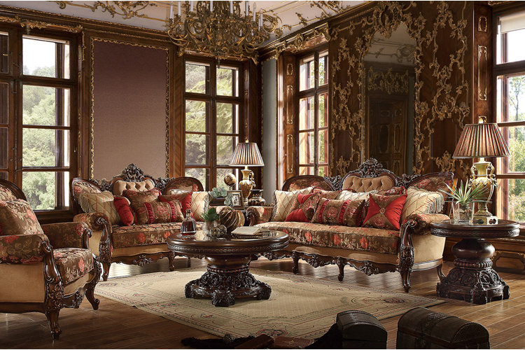 castle-inspired dark academia living room with antique-style furniture