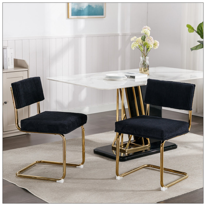 Chaises de salle à manger modernes avec tissu velours côtelé et base en métal doré, ensemble de 2, Noir