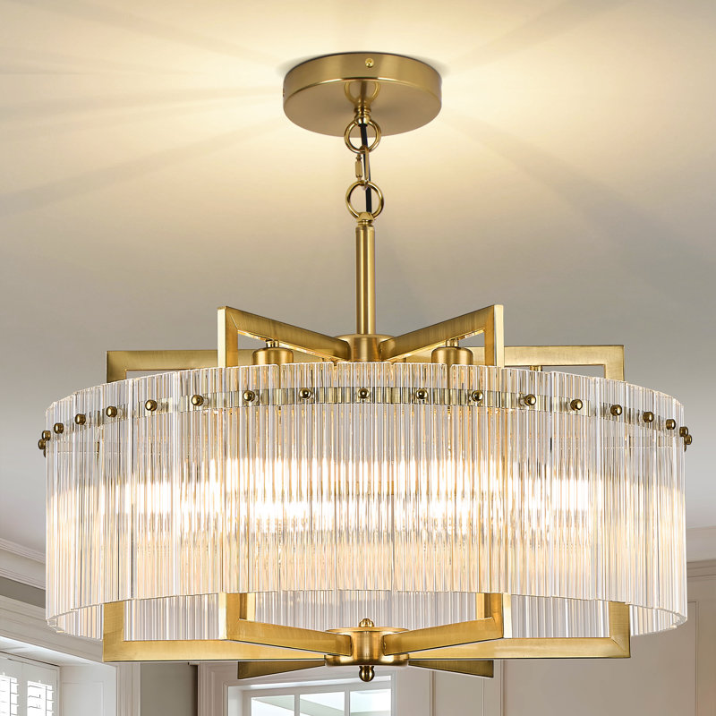 Lustre en or 24 po - bordure en cristal texturé 3D Grille, 6 lumières réglables pour les plafonds inclinés