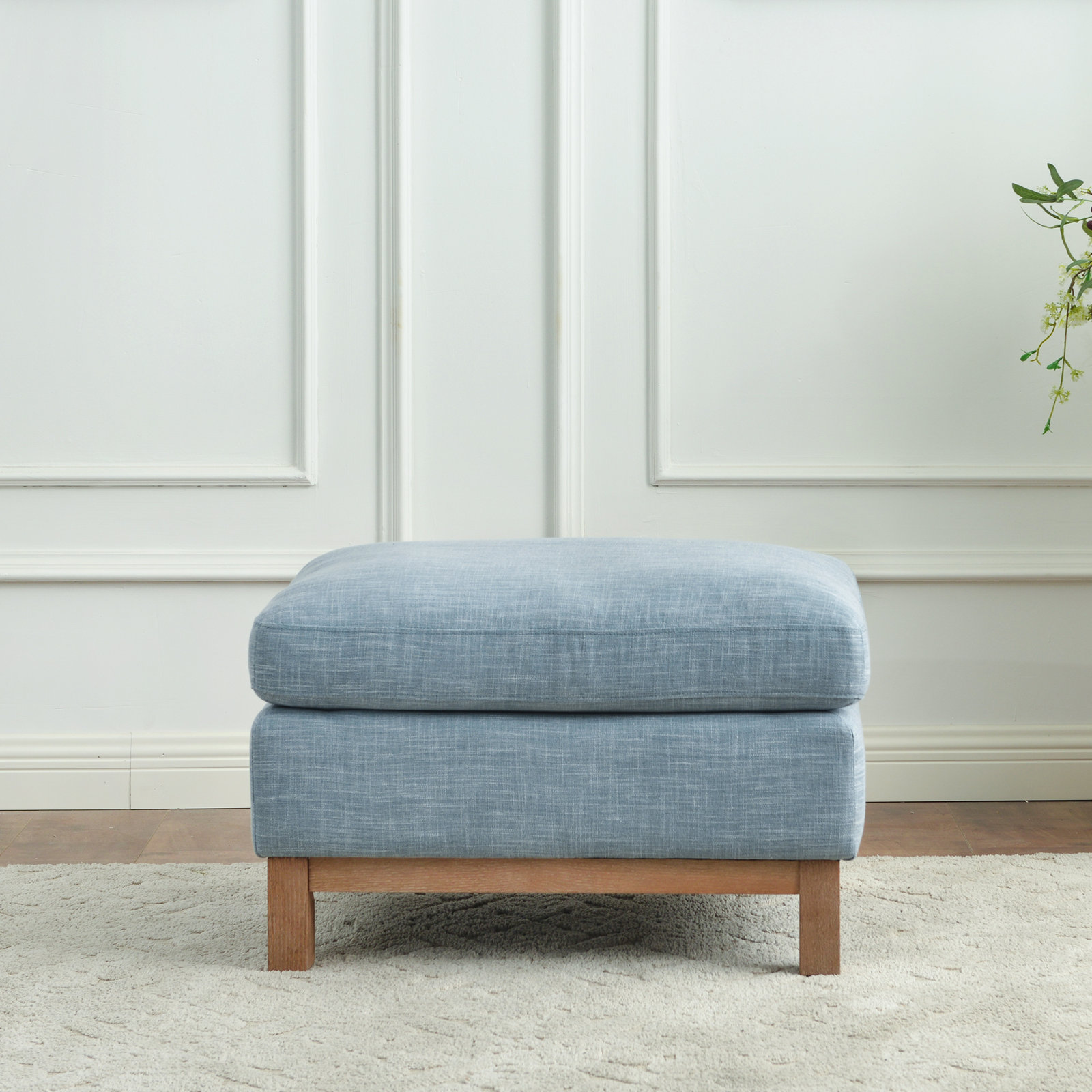 Cami 30" Upholstered Ottoman, Sky Blue Linen Blend