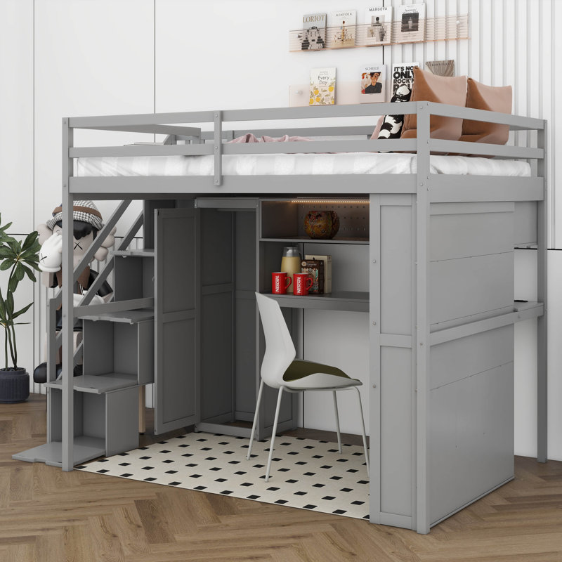Full Size Loft Bed With Desk & Wardrobe, All-In-One Space Saving Furniture For Bedroom, Includes Storage Shelves & LED Lights
