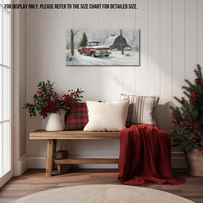 Winter Canvas Wall Art - Red Truck Christmas Pictures Wall Decor, Vintage Farmhouse Winter Landscape Painting for Living Room, Christmas Tree Artwork Prints Pine Frame Wrapped Canvas, 12×24 inches
