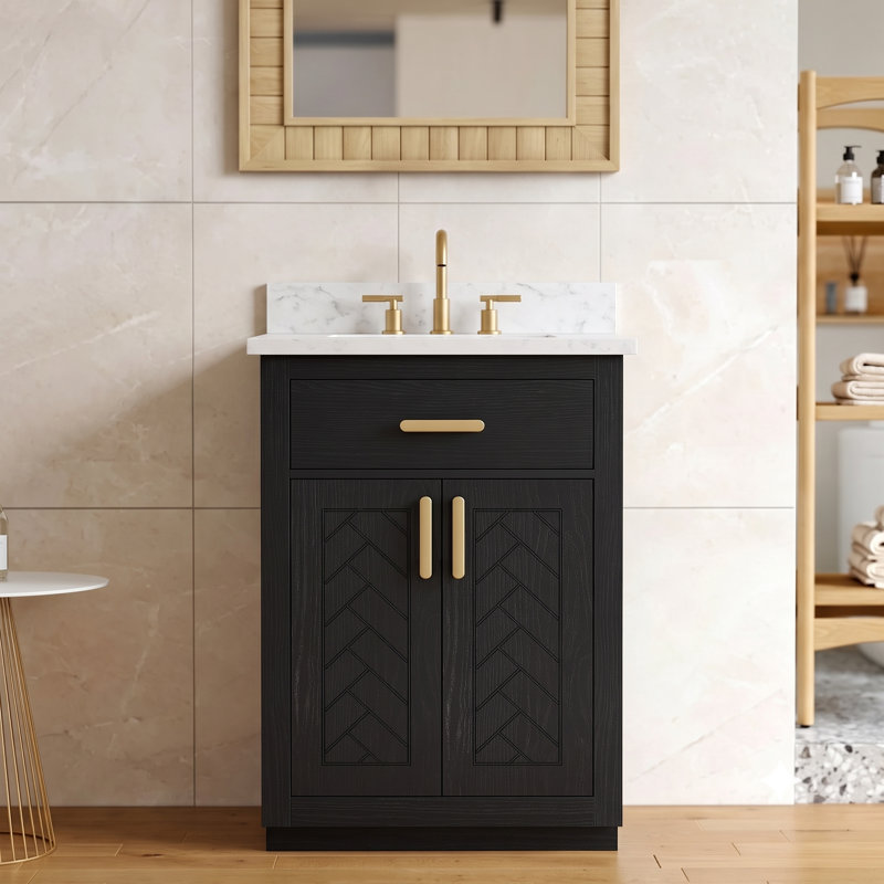 24" Bathroom Vanity With Artificial Top, Flip-Up Storage Shelf, Adjustable Interior Shelf & Soft-Close DTC Hinges – Brass Handles, 2-Door Cabinet, Black